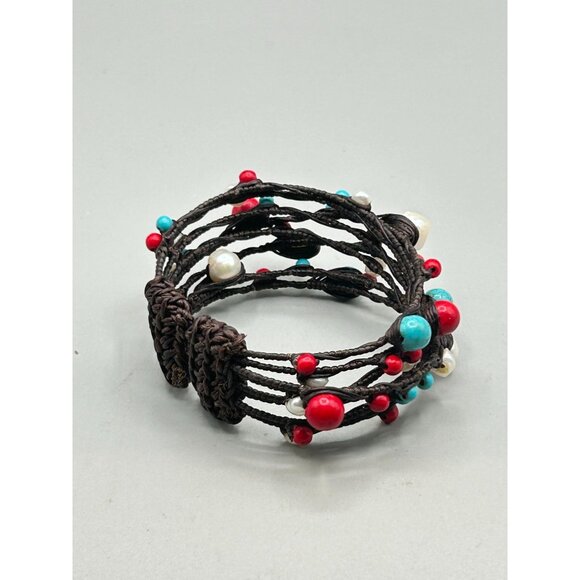 Beaded Wire Cuff Bracelet Genuine Pearls Red & Turquoise Color Beads Multilayer - Picture 5 of 7